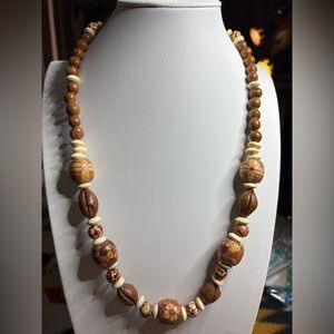 Hand Crafted Boho Wood Beaded Necklace with Brown and Beige Beads 25 inches